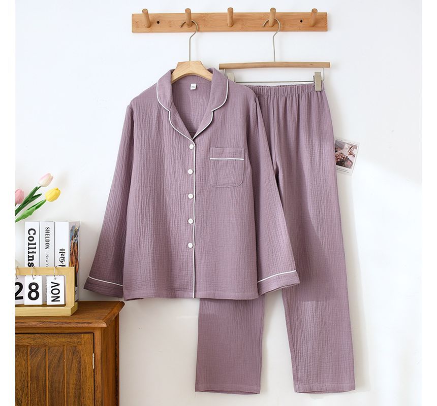 Couple Matching Pajama Set: Long-Sleeve Collared Contrast Trim Top + Elastic Waist Plain Straight Leg Pants