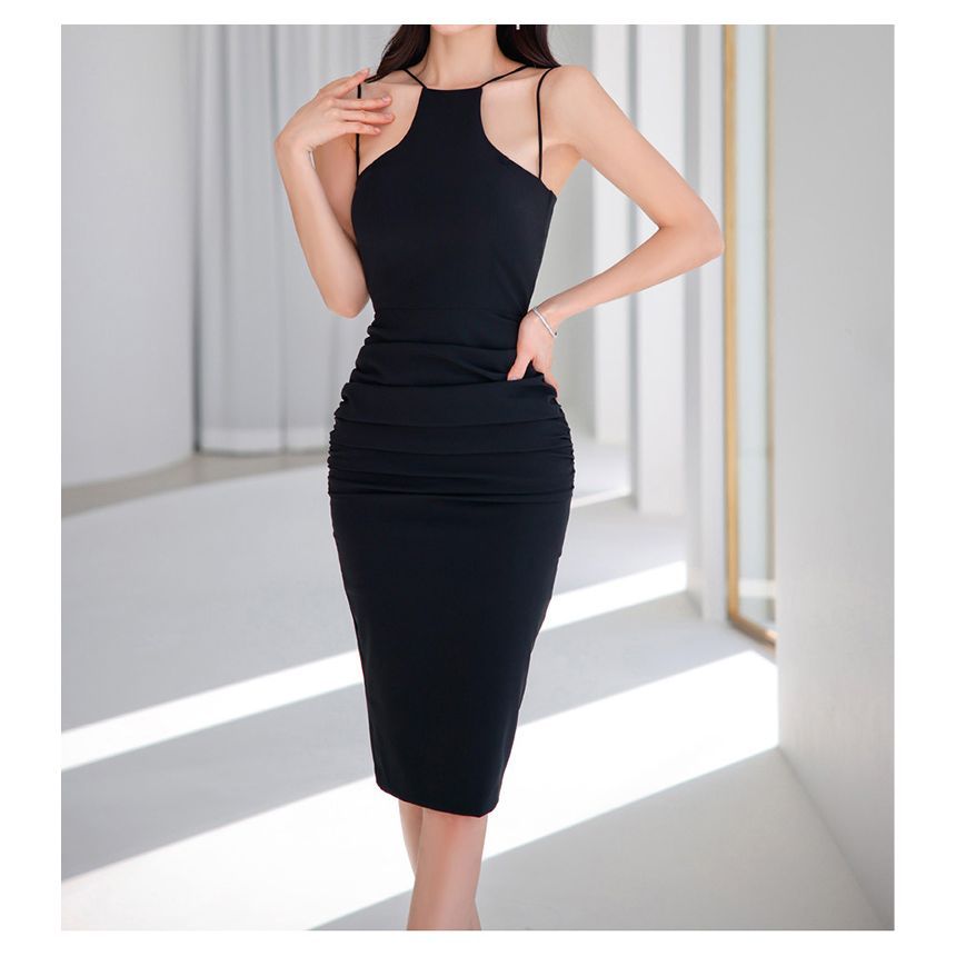 Thin Strap Solid Midi Bodycon Dress
