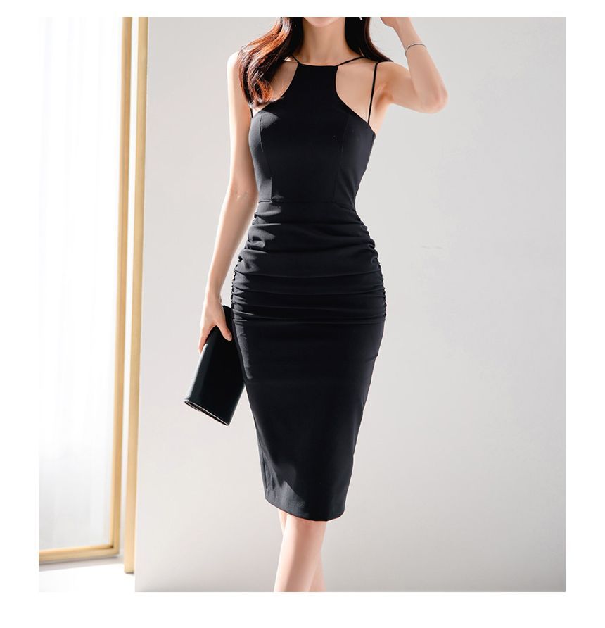 Thin Strap Solid Midi Bodycon Dress