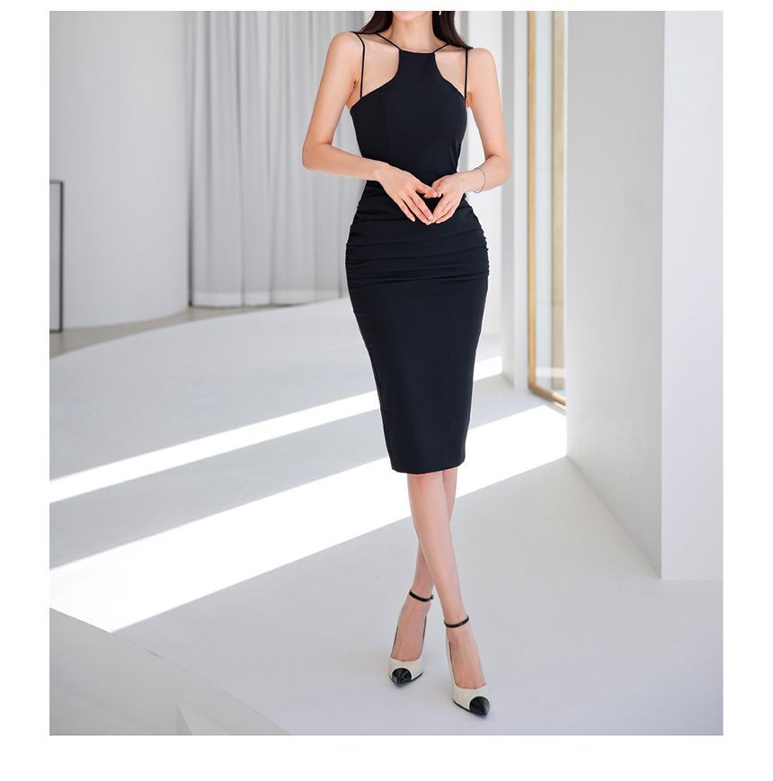 Thin Strap Solid Midi Bodycon Dress