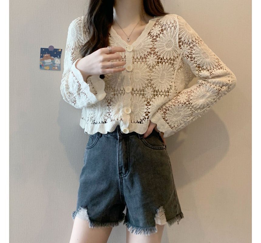 Crochet Knit V-Neck Cardigan