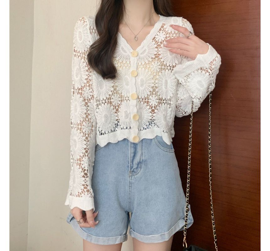 Crochet Knit V-Neck Cardigan