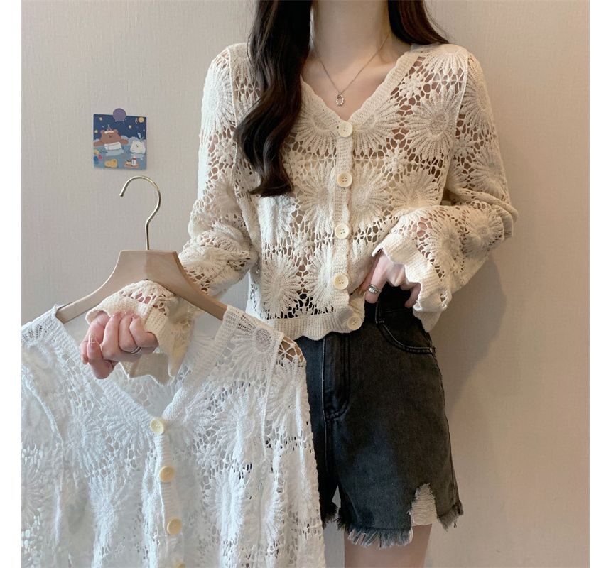 Crochet Knit V-Neck Cardigan