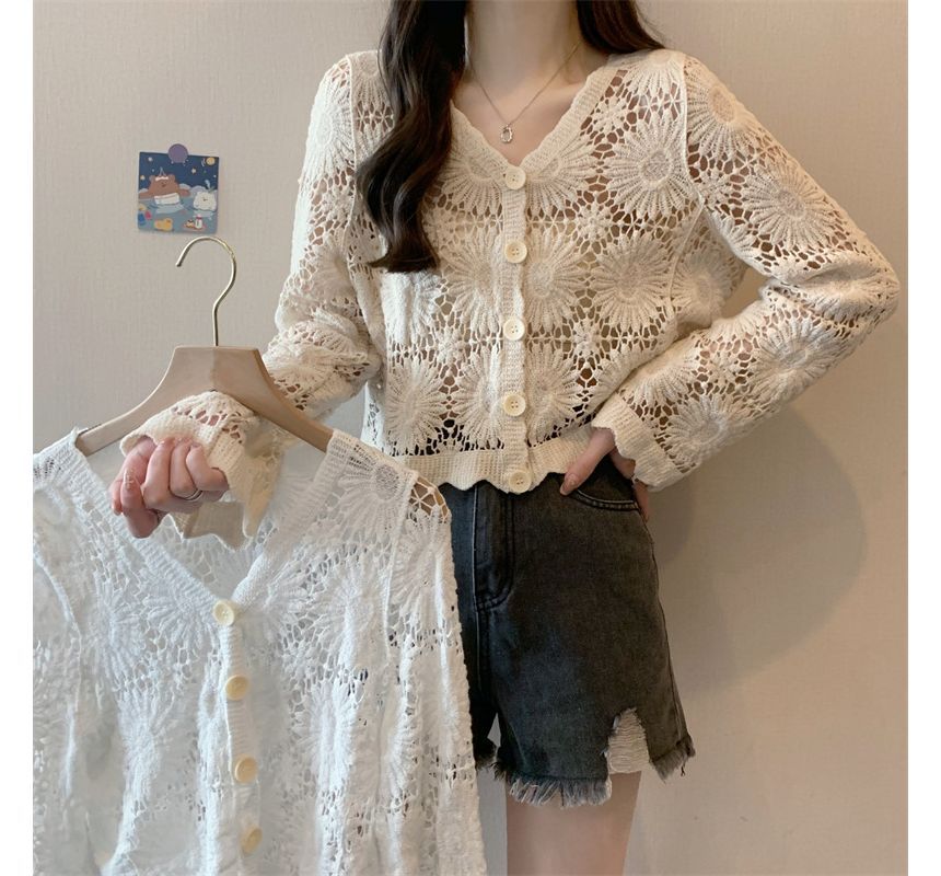 Crochet Knit V-Neck Cardigan