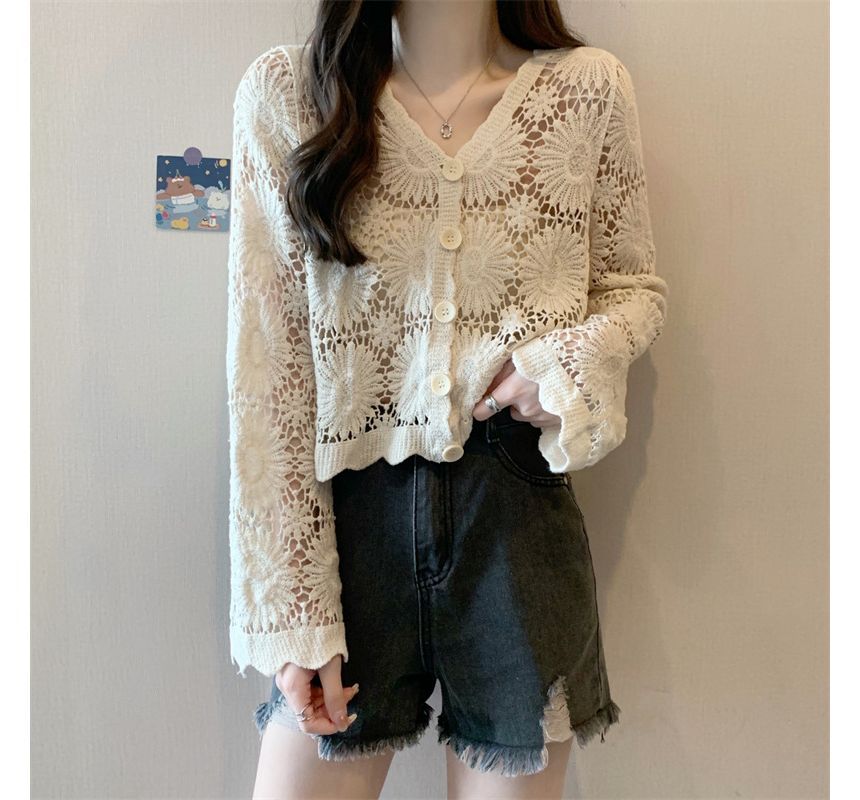 Crochet Knit V-Neck Cardigan