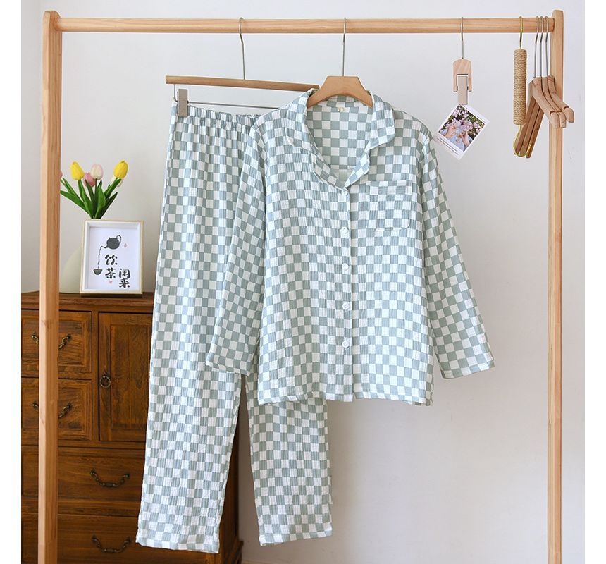 Couple Matching Pajama Set: Long-Sleeve Checkerboard Top + Pants (Various Designs)