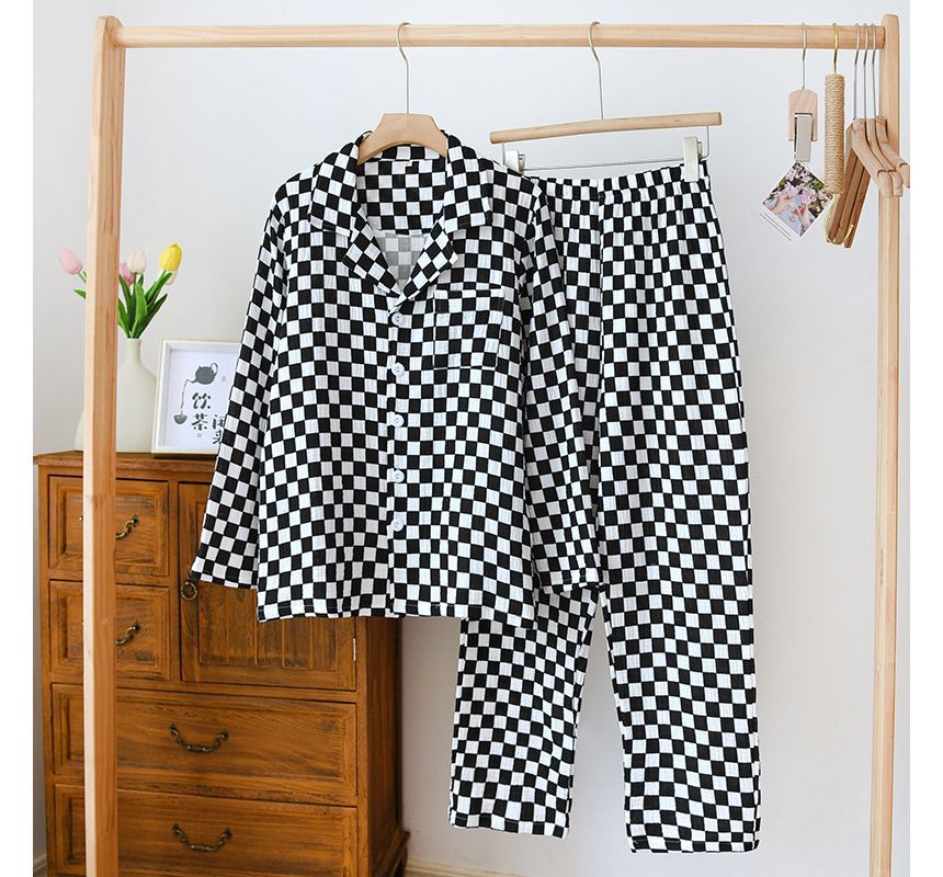 Couple Matching Pajama Set: Long-Sleeve Checkerboard Top + Pants (Various Designs)
