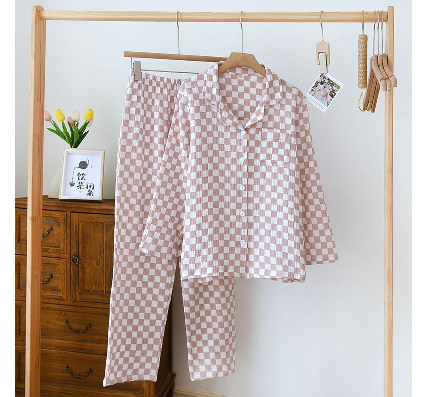 Couple Matching Pajama Set: Long-Sleeve Checkerboard Top + Pants (Various Designs)