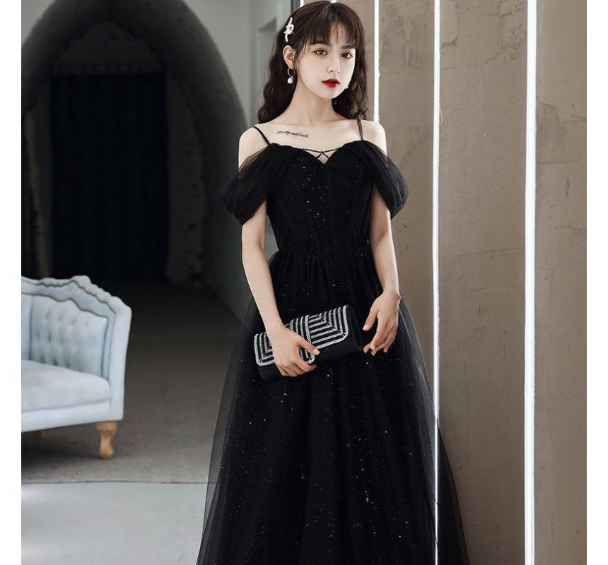 Thin Strap Solid Mesh Panel A-Line Evening Gown