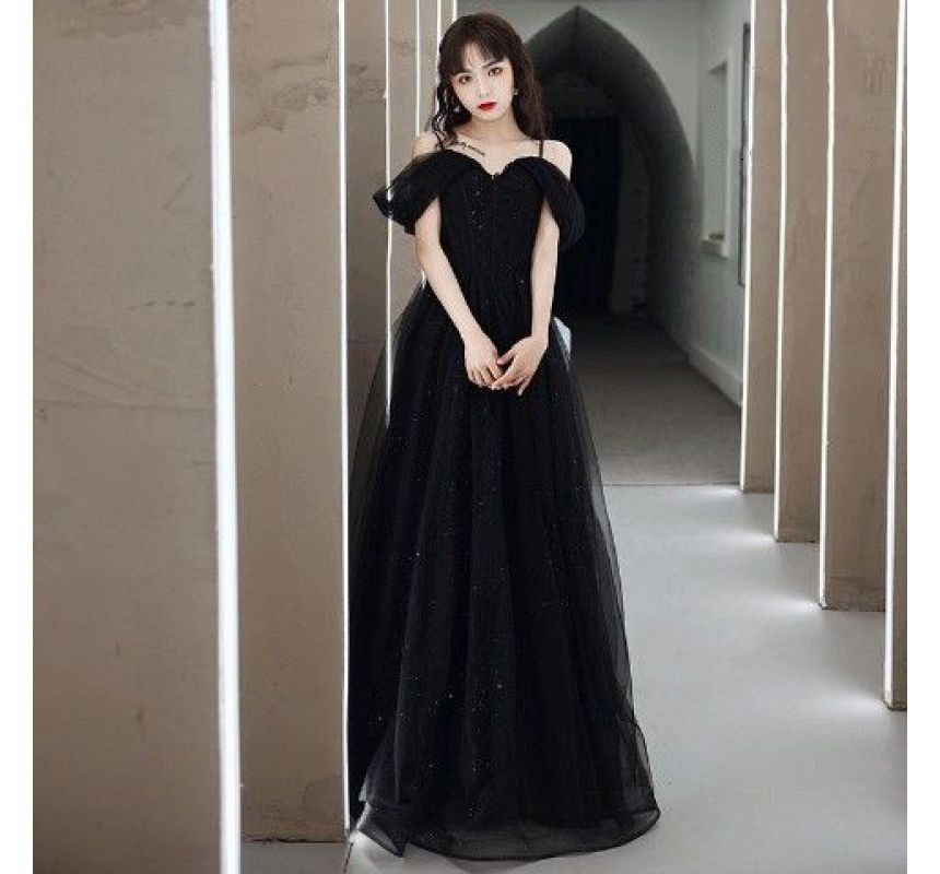 Thin Strap Solid Mesh Panel A-Line Evening Gown