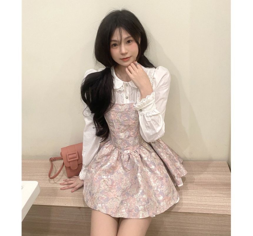 Long-Sleeve Collared Solid Lace Trim Frill Blouse / Thin Strap Gathered Jacquard Mini A-Line Dress