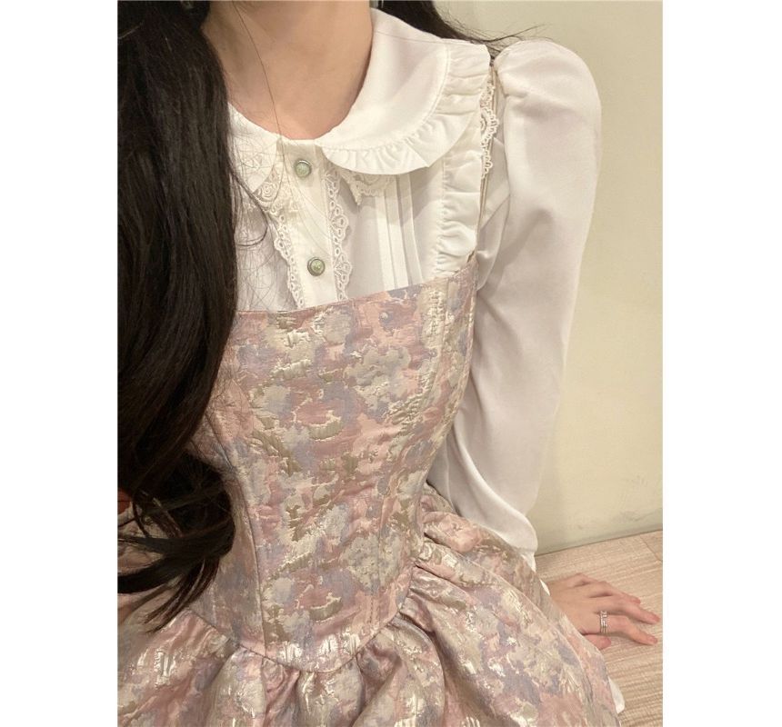 Long-Sleeve Collared Solid Lace Trim Frill Blouse / Thin Strap Gathered Jacquard Mini A-Line Dress