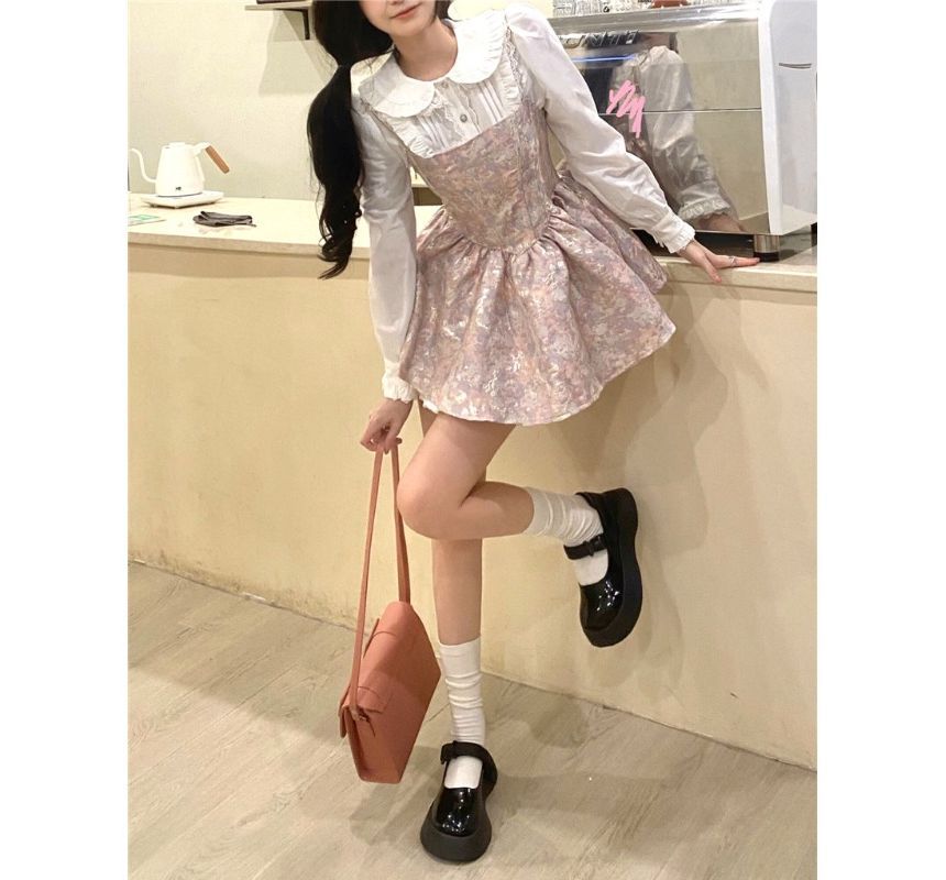 Long-Sleeve Collared Solid Lace Trim Frill Blouse / Thin Strap Gathered Jacquard Mini A-Line Dress