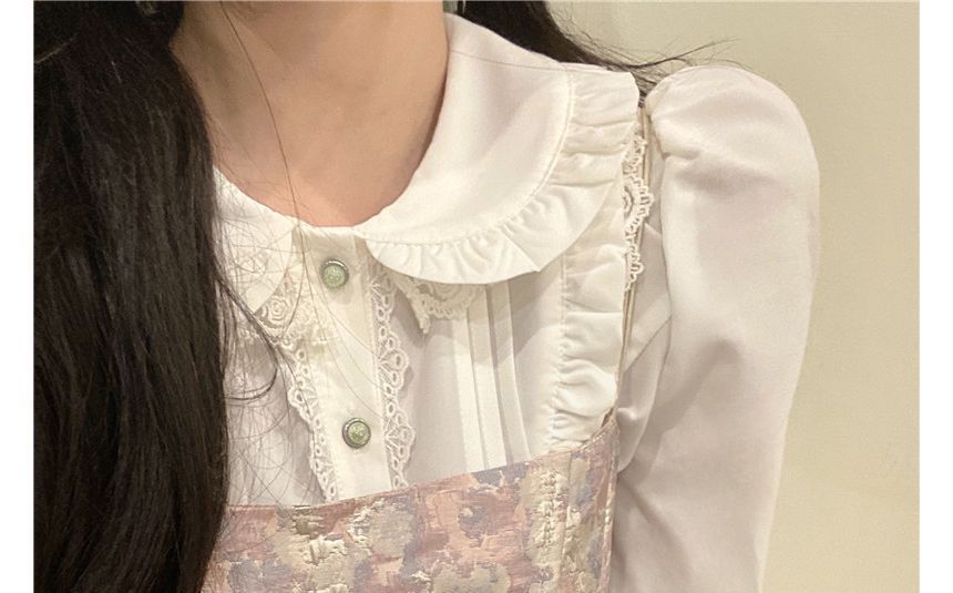 Long-Sleeve Collared Solid Lace Trim Frill Blouse / Thin Strap Gathered Jacquard Mini A-Line Dress