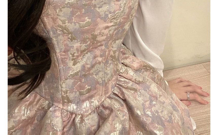 Long-Sleeve Collared Solid Lace Trim Frill Blouse / Thin Strap Gathered Jacquard Mini A-Line Dress