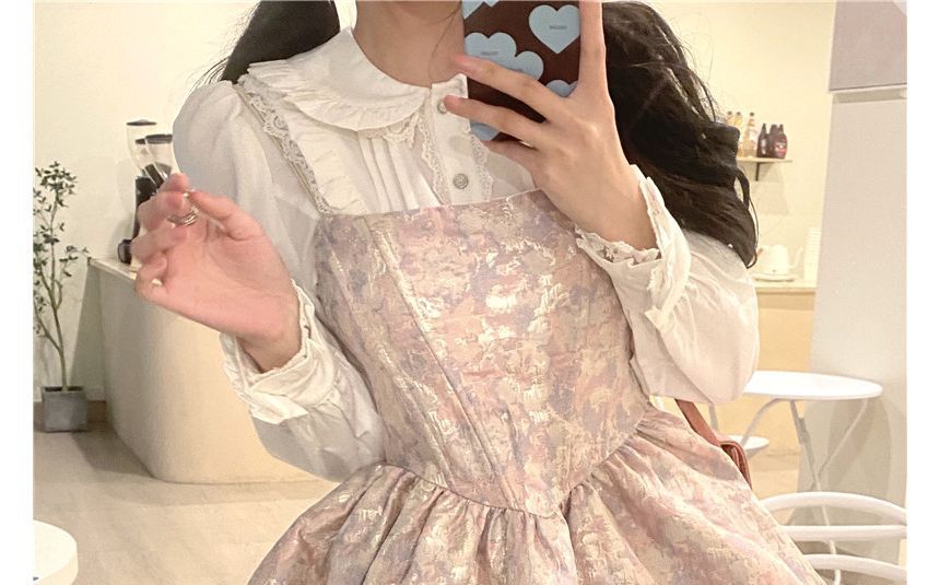 Long-Sleeve Collared Solid Lace Trim Frill Blouse / Thin Strap Gathered Jacquard Mini A-Line Dress