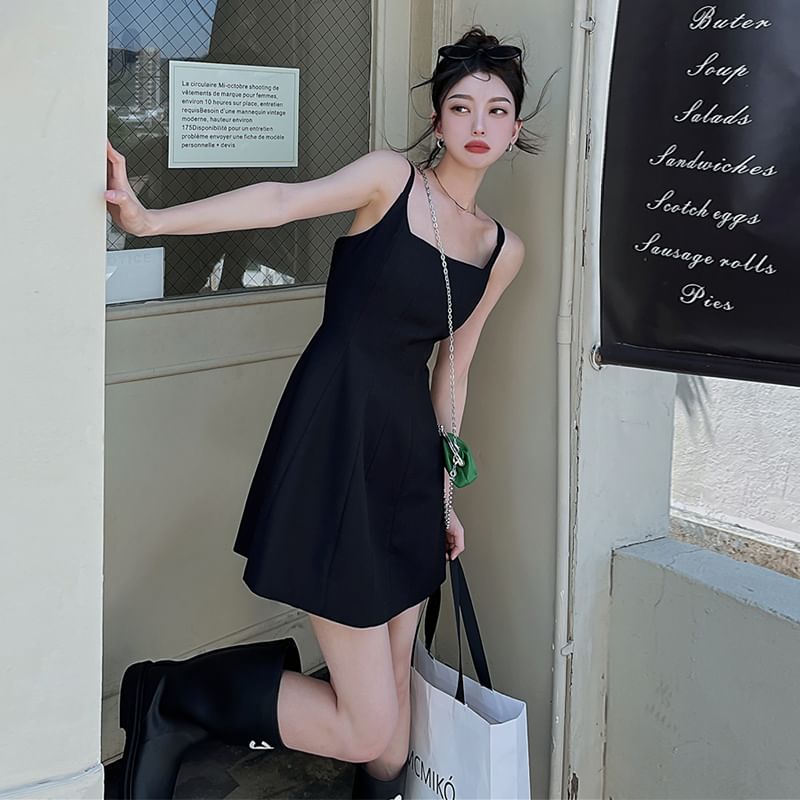 Thin Strap Solid Mini A-Line Dress