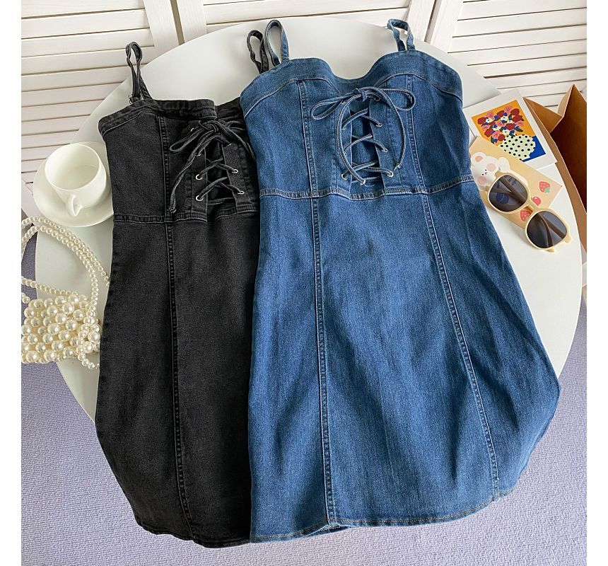 Thin Strap Solid Lace-Up Denim Mini A-Line Dress