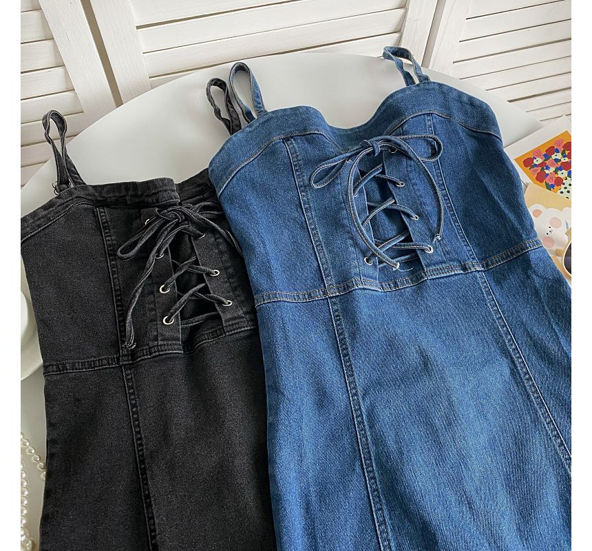 Thin Strap Solid Lace-Up Denim Mini A-Line Dress