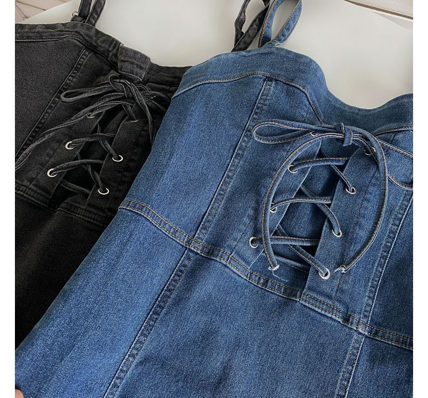 Thin Strap Solid Lace-Up Denim Mini A-Line Dress