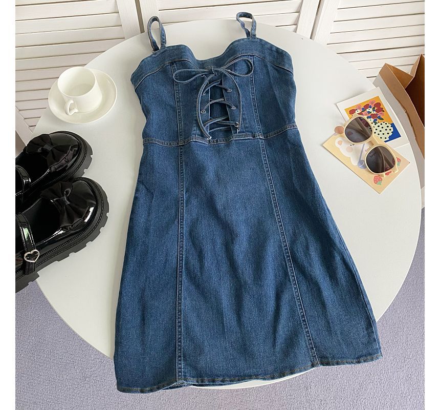 Thin Strap Solid Lace-Up Denim Mini A-Line Dress