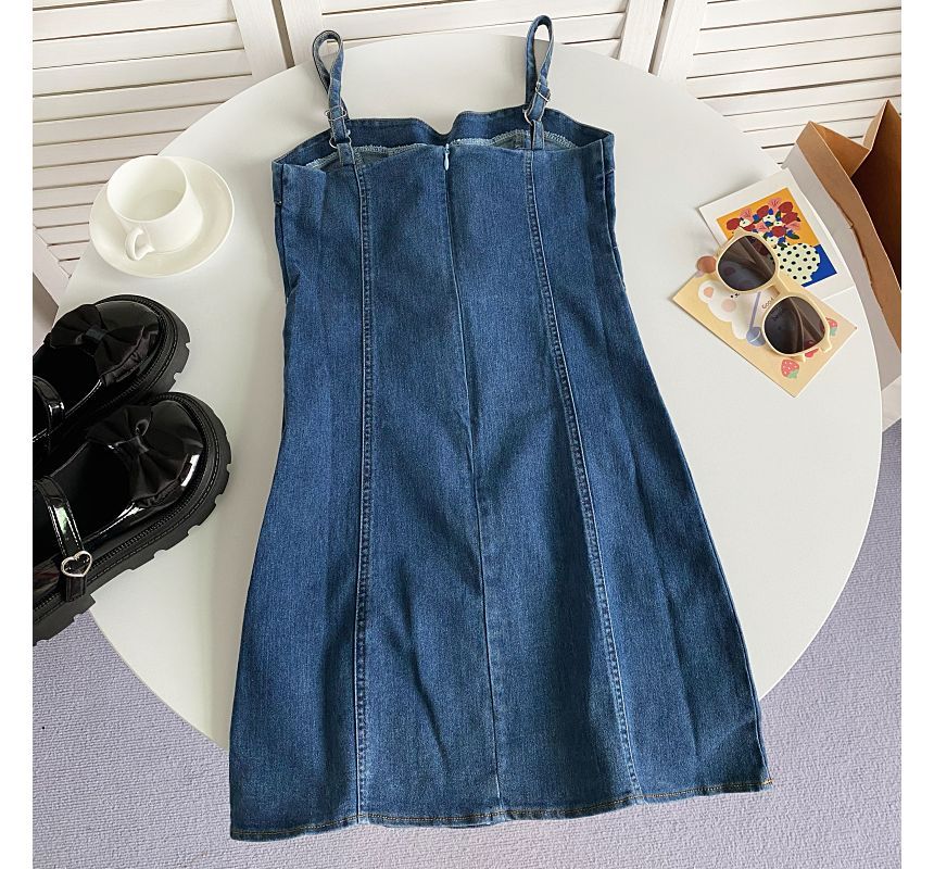 Thin Strap Solid Lace-Up Denim Mini A-Line Dress