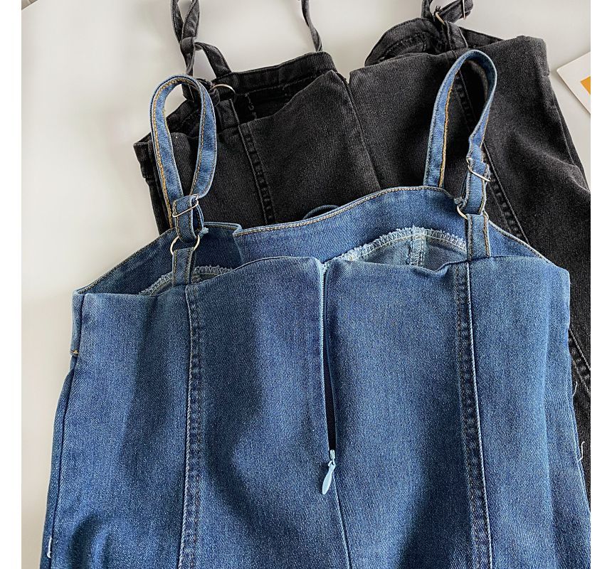 Thin Strap Solid Lace-Up Denim Mini A-Line Dress