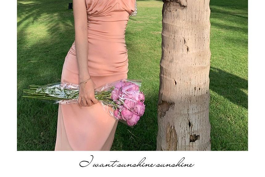 Thin Strap Solid Shirred Midi Bodycon Dress