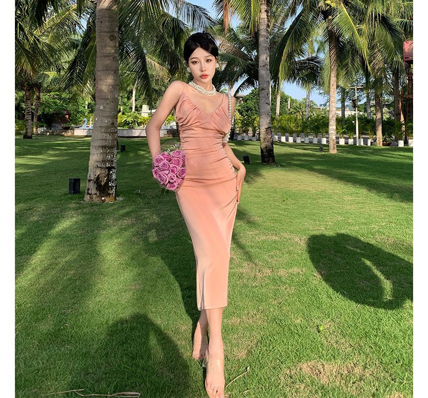 Thin Strap Solid Shirred Midi Bodycon Dress