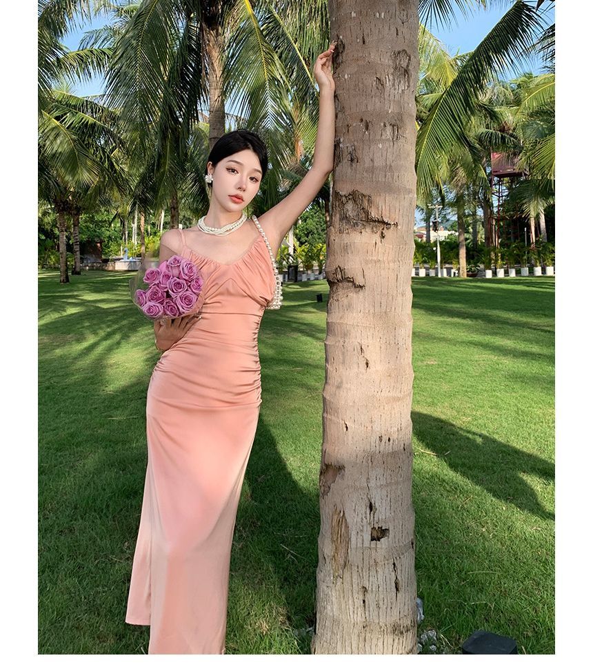 Thin Strap Solid Shirred Midi Bodycon Dress