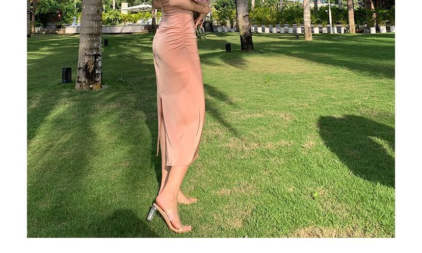 Thin Strap Solid Shirred Midi Bodycon Dress
