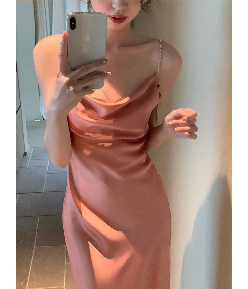 Thin Strap Solid Rhinestone Side-Slit Maxi Sheath Dress