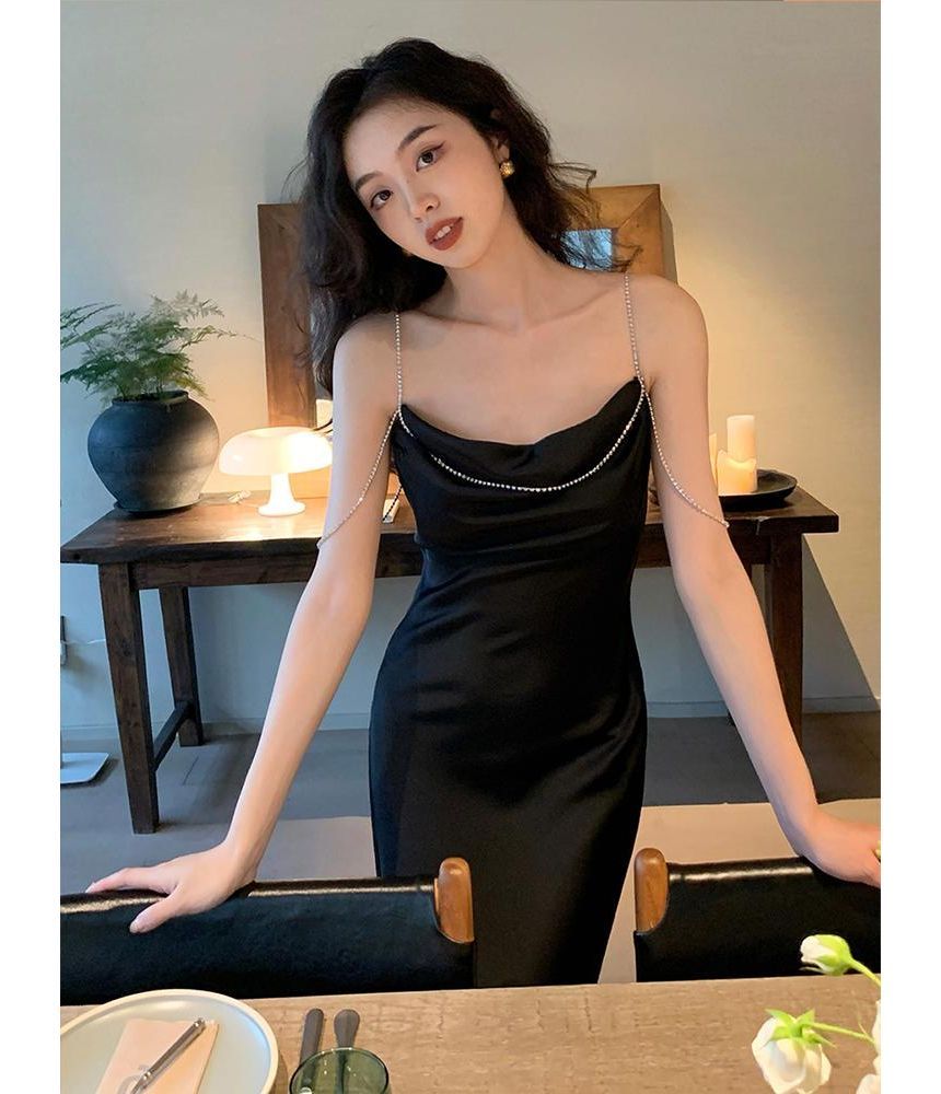 Thin Strap Solid Rhinestone Side-Slit Maxi Sheath Dress