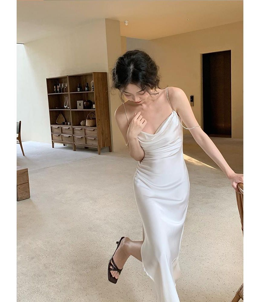 Thin Strap Solid Rhinestone Side-Slit Maxi Sheath Dress