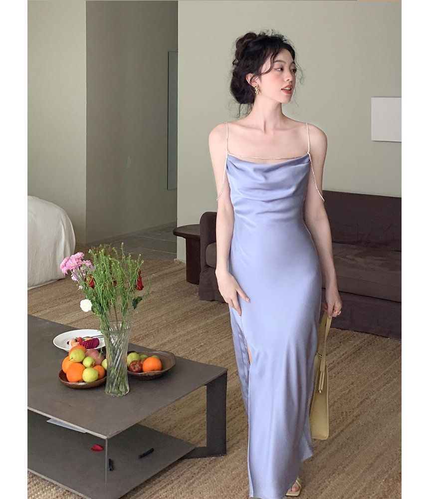 Thin Strap Solid Rhinestone Side-Slit Maxi Sheath Dress