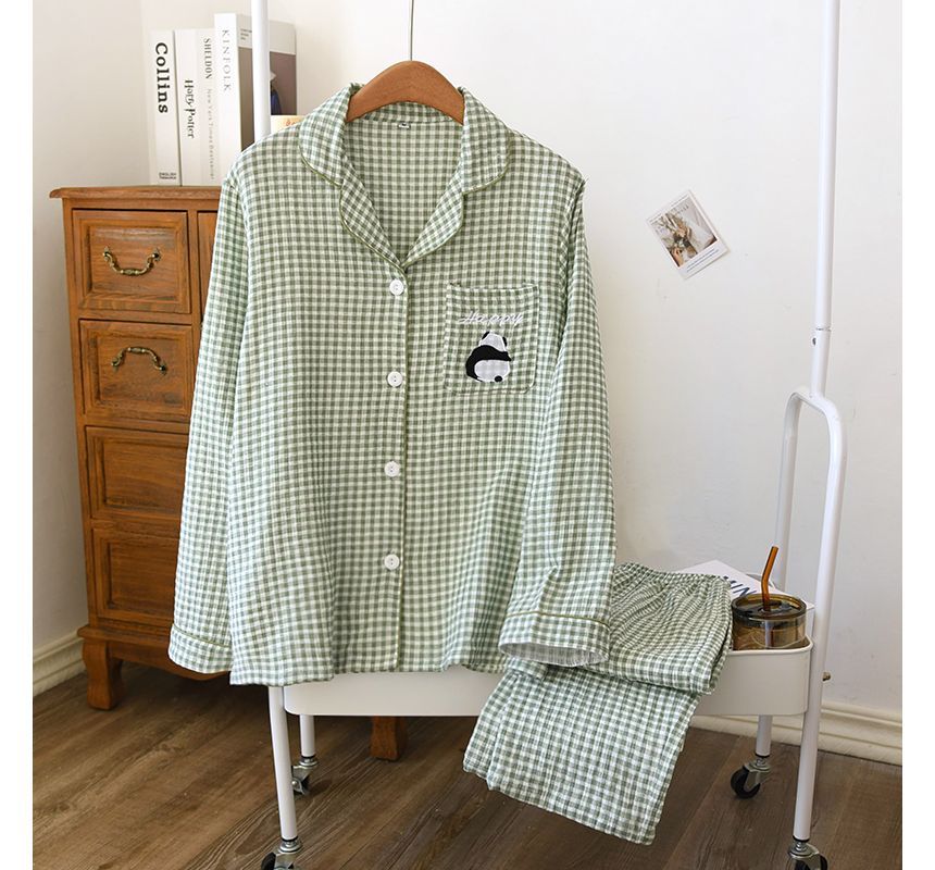 Couple Matching Pajama Set: Long-Sleeve Plaid Top + Pants (Various Designs)