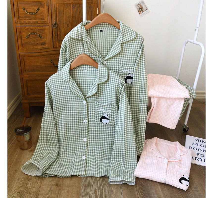 Couple Matching Pajama Set: Long-Sleeve Plaid Top + Pants (Various Designs)