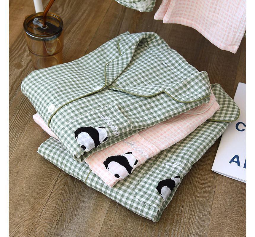 Couple Matching Pajama Set: Long-Sleeve Plaid Top + Pants (Various Designs)