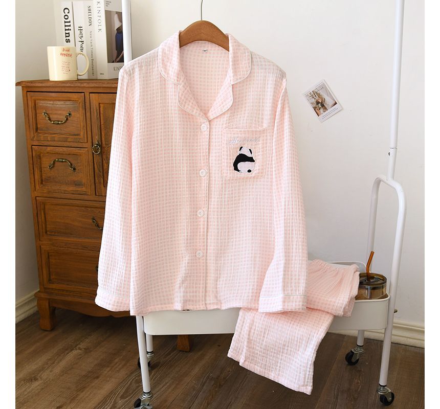 Couple Matching Pajama Set: Long-Sleeve Plaid Top + Pants (Various Designs)