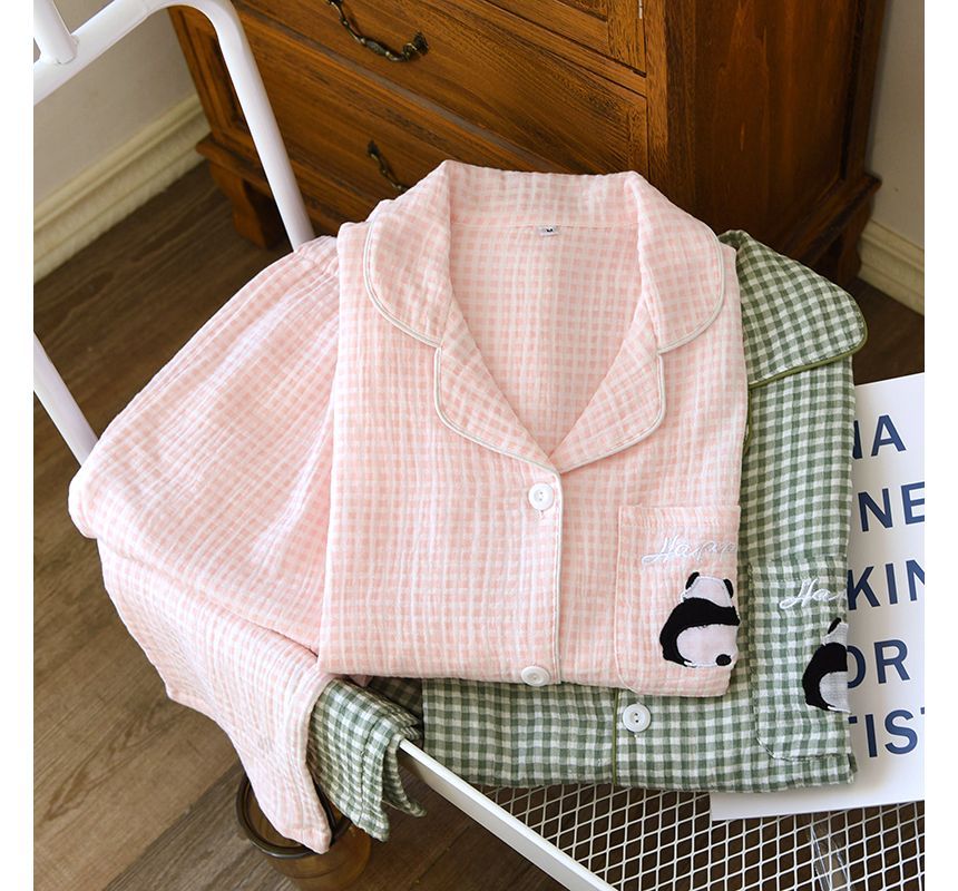 Couple Matching Pajama Set: Long-Sleeve Plaid Top + Pants (Various Designs)