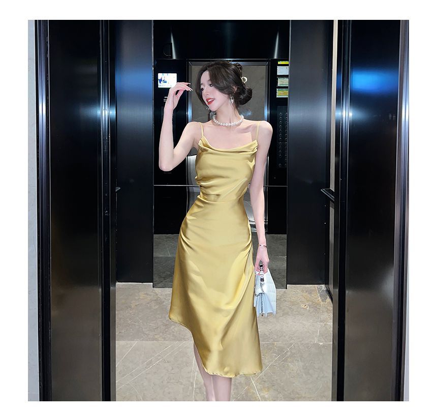 Thin Strap Cowl Neck Solid Asymmetrical Midi A-Line Dress