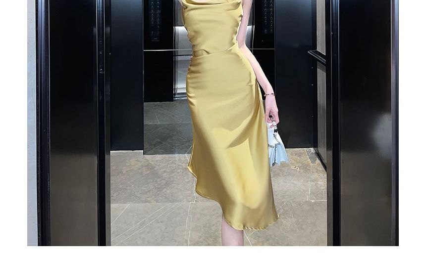 Thin Strap Cowl Neck Solid Asymmetrical Midi A-Line Dress