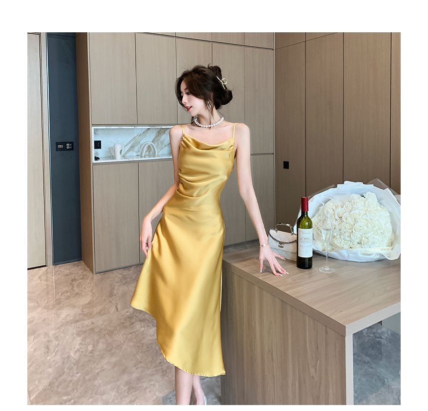 Thin Strap Cowl Neck Solid Asymmetrical Midi A-Line Dress