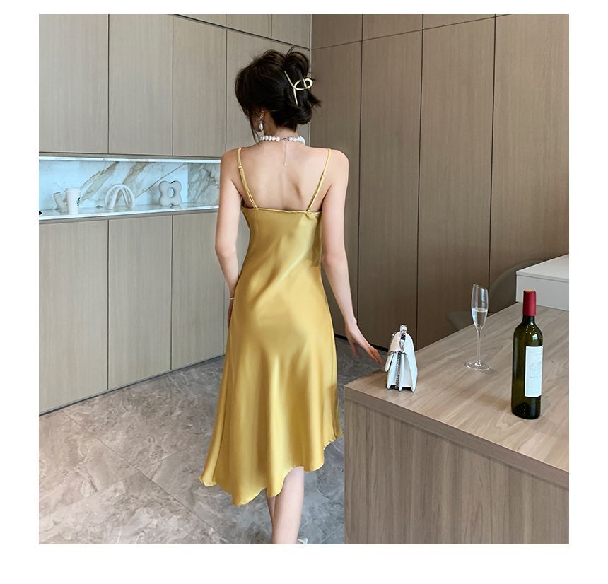 Thin Strap Cowl Neck Solid Asymmetrical Midi A-Line Dress