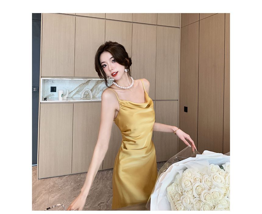 Thin Strap Cowl Neck Solid Asymmetrical Midi A-Line Dress
