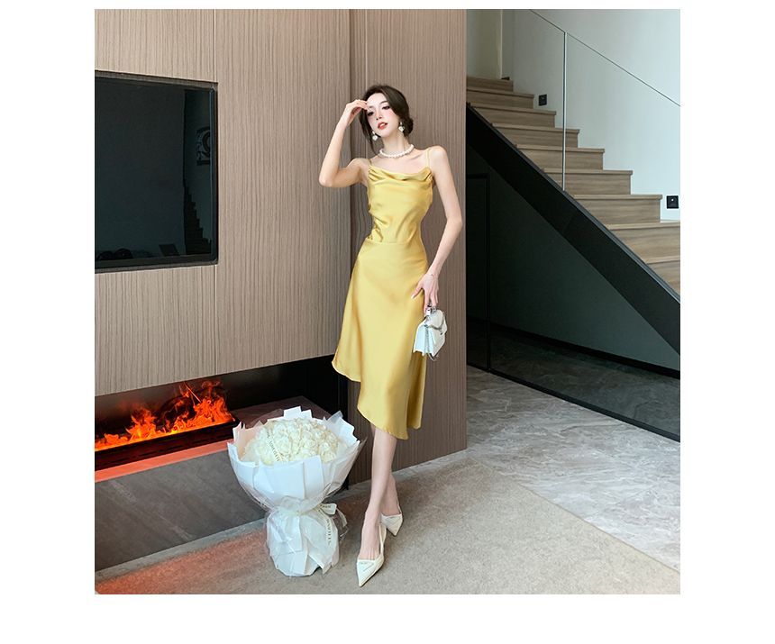 Thin Strap Cowl Neck Solid Asymmetrical Midi A-Line Dress