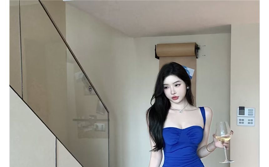 Thin Strap Solid Slit Midi Sheath Dress