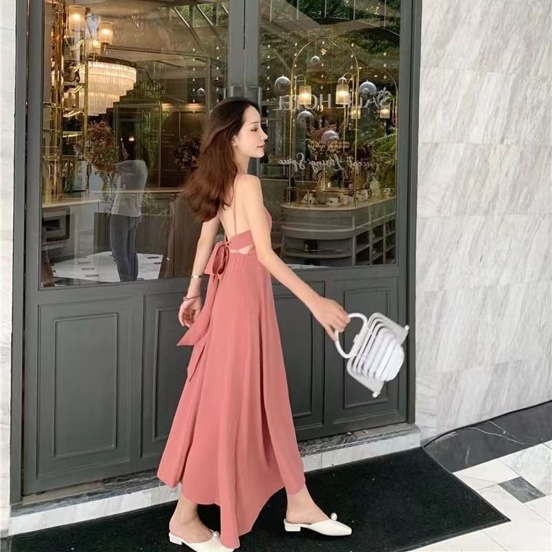 Bow Back Midi A-Line Dress with Thin Straps