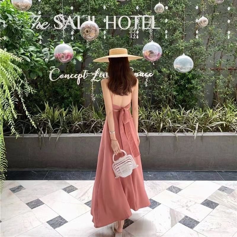 Bow Back Midi A-Line Dress with Thin Straps