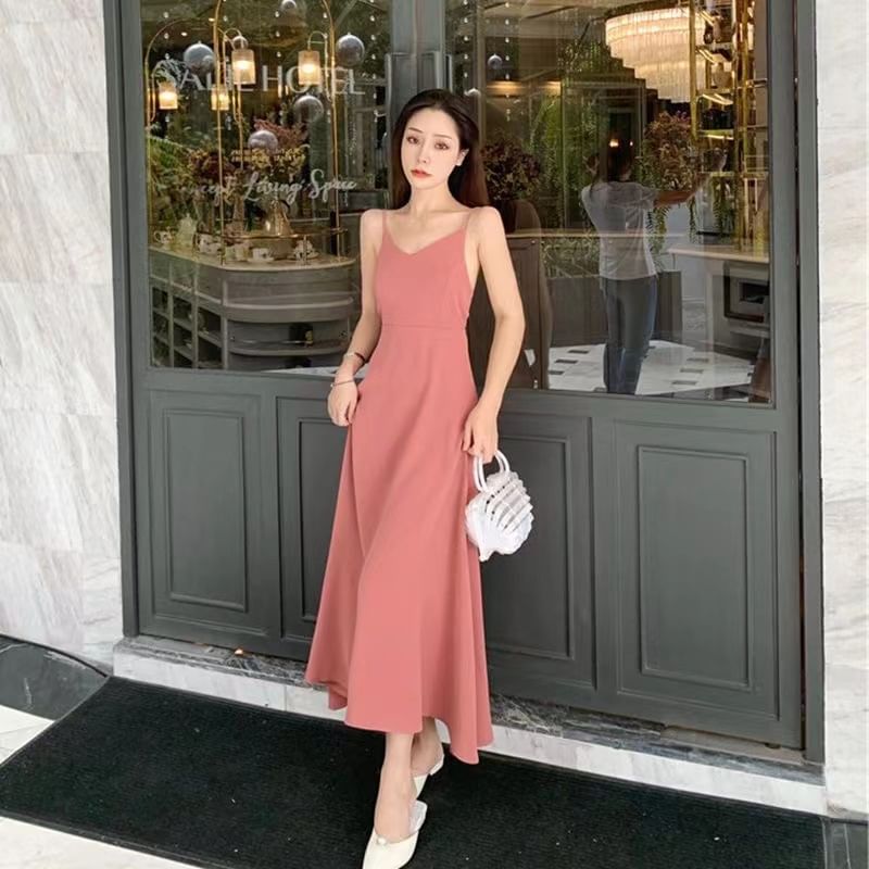 Bow Back Midi A-Line Dress with Thin Straps